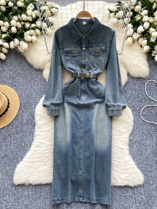 Belted Waist Classic Silhouette Long Denim Dress Tunics Office stylish