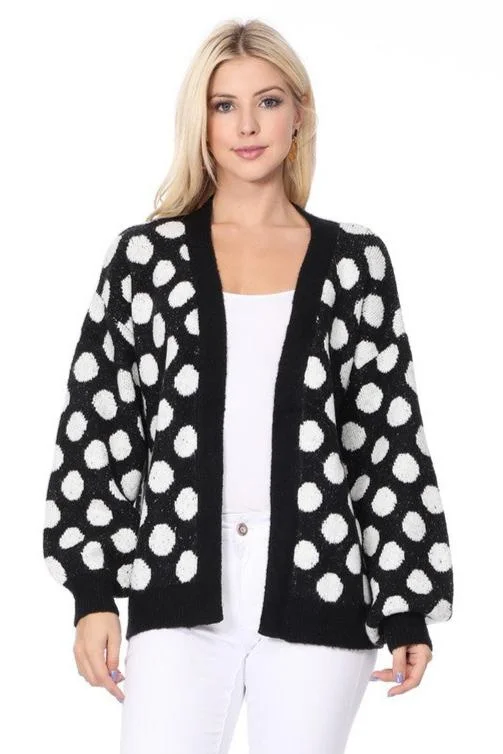 Black & White Polka Dot Open Front Cardigan Satin Blend Silk Blend Wool Blend