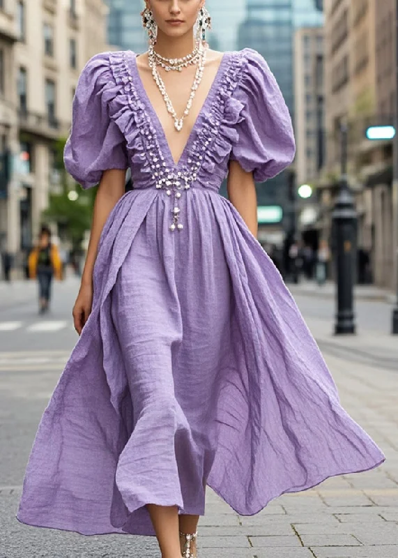 Bohemian Lavender Ruffled Nail Bead Cotton Dress Puff Sleeve Tunics Wedding white