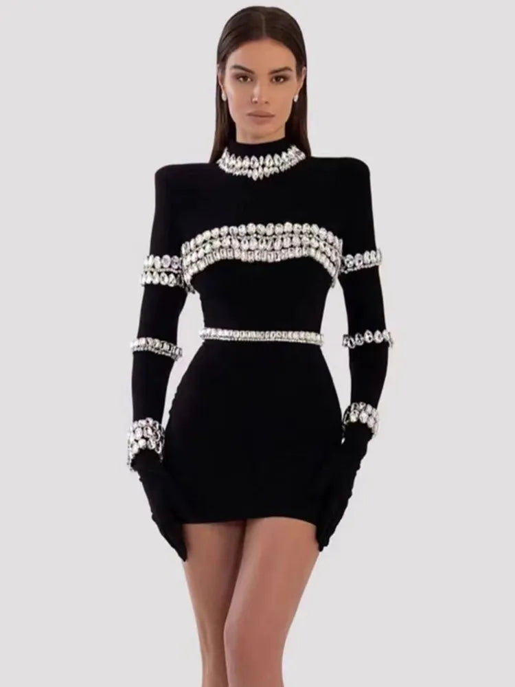 Zjkrl - Brand New Women Winter Sexy Turtleneck Beading Long Sleeve Black Mini Bandage Dress  Elegant Evening Club Party Dress Tunics Fashionable chic