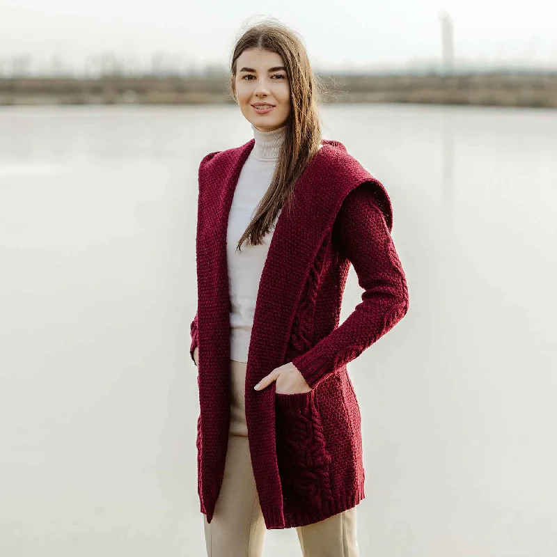 Women's Aran Knit Hooded Long Cardigan, Wine Nylon Fabric Polyester Fabric Spandex Fabric