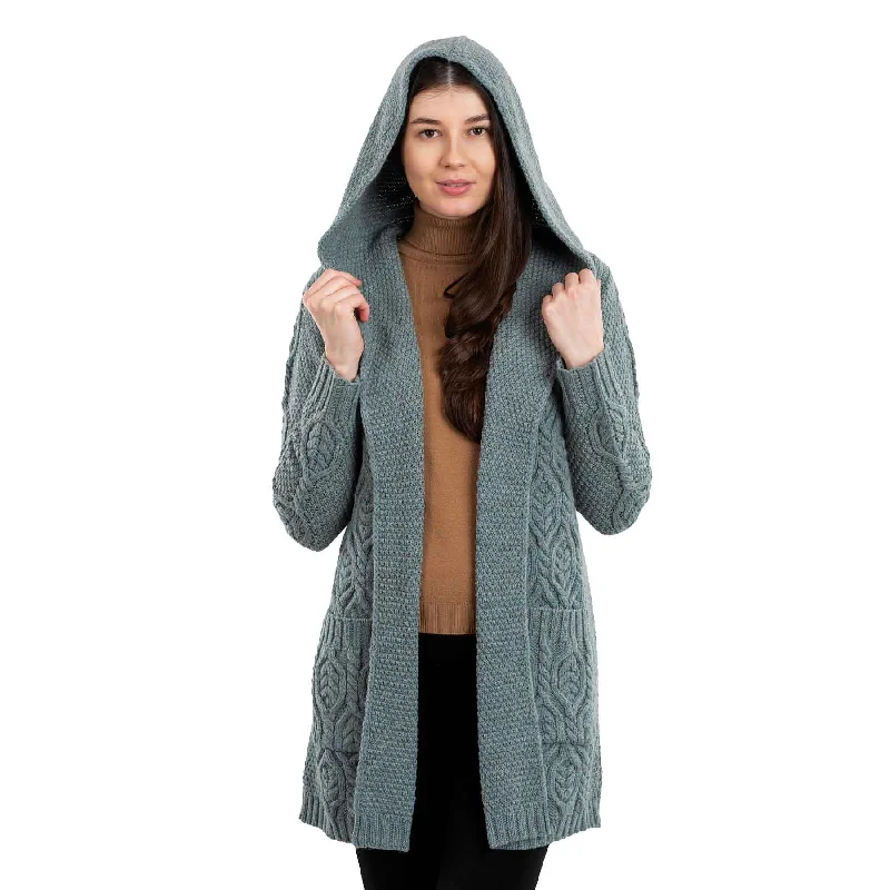 Women's Aran Knit Hooded Long Cardigan, Skylight Fleece Cardigan Nylon Polyester