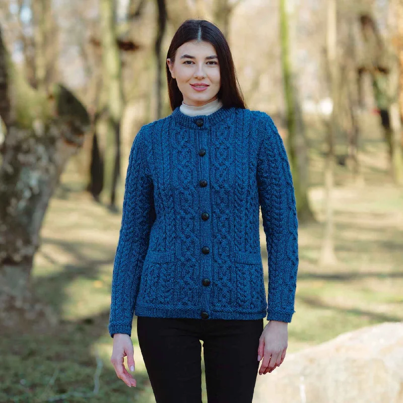 Women's Aran Knit Button Cardigan, Marl Blue Wool Cardigan Cotton Cardigan Cashmere Cardigan