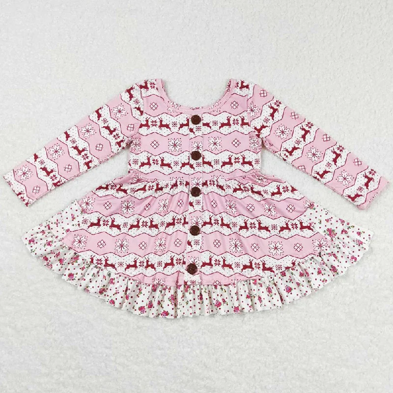 Christmas Deer Print Baby Girls Dress Long Sleeve Twirl Dresses GLD0433 Square Neckline Feminine