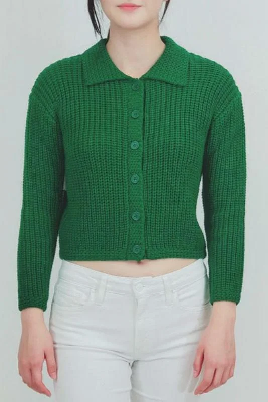 Chunky Knit Collared Cardigan in Green Polka Dot Checkered Tartan