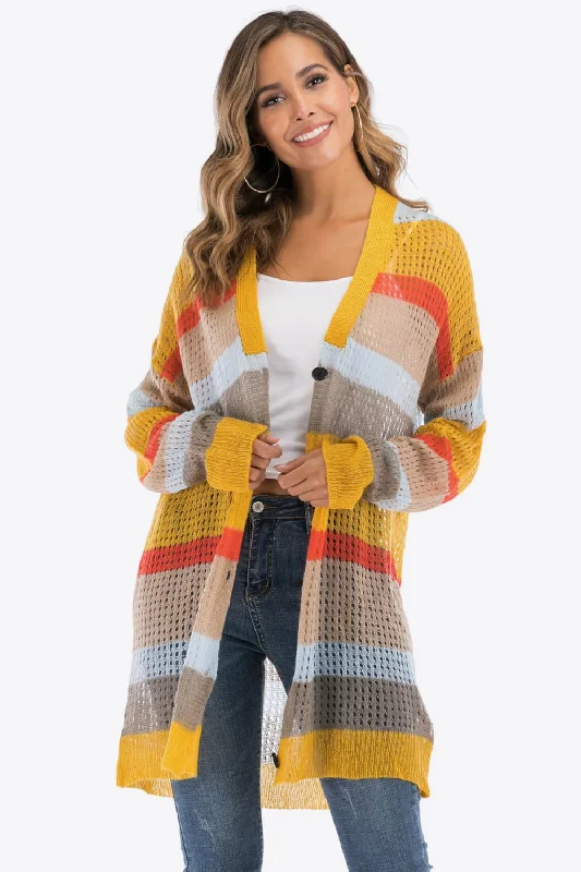 Color Block Openwork Long Sleeve Cardigan Striped Floral Plaid