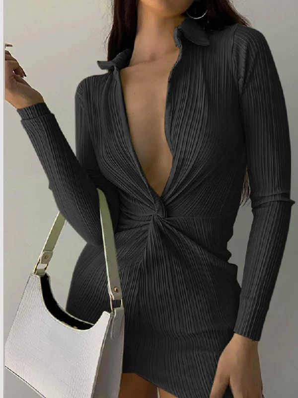 Deep V Neck Ruched Long Sleeve Bodycon Mini Dresses Tunics Luxurious premium