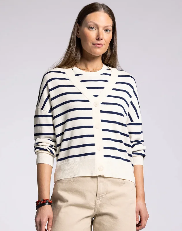 Elsa Cardigan in Ivory Navy Open Front Closed Front Wrap Front