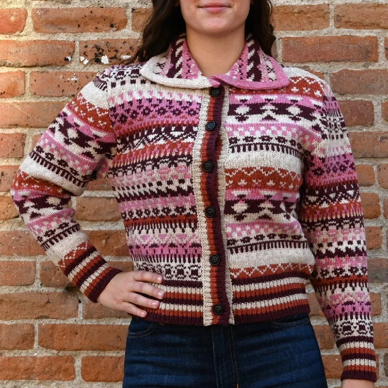 Filson Ladies FAIR ISLE CARDIGAN in Burgundy Cream and Mauve Chenille Brocade Lace