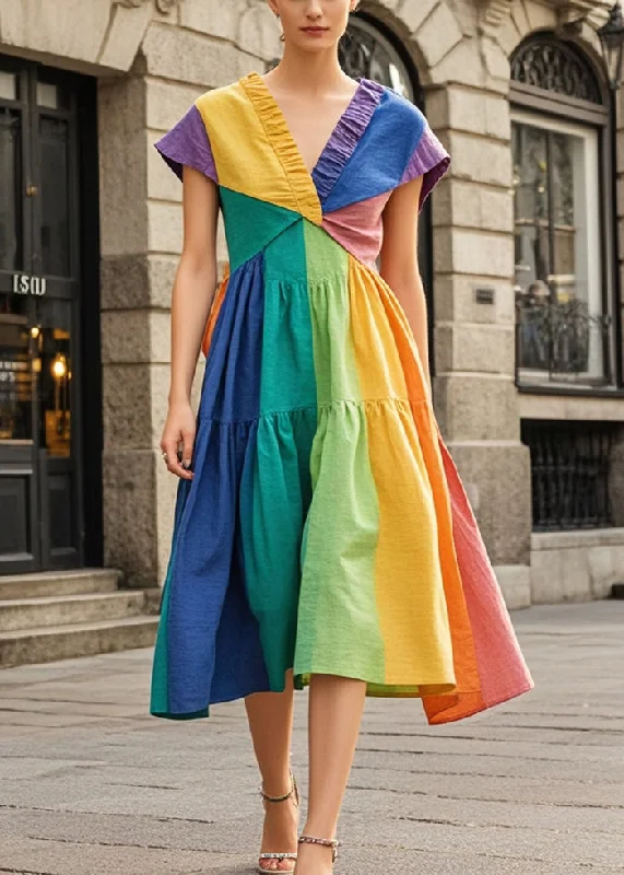 Fine Rainbow Wrinkled Patchwork Cotton Tea Dress Summer Tunics Review highly