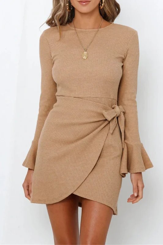 Flares Long Sleeve Knot Mini Dress Casual Short Summer