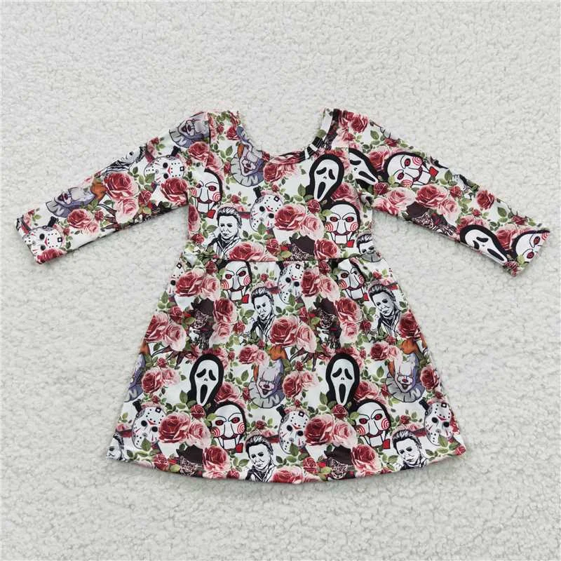 GLD0191 Girls Halloween flower mask long sleeve dress Tunics Satin smooth