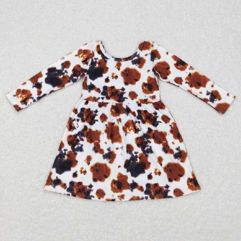 GLD0226 Girls Long Sleeve Cow Print Knee-length Dress Tunics Versatile stylish