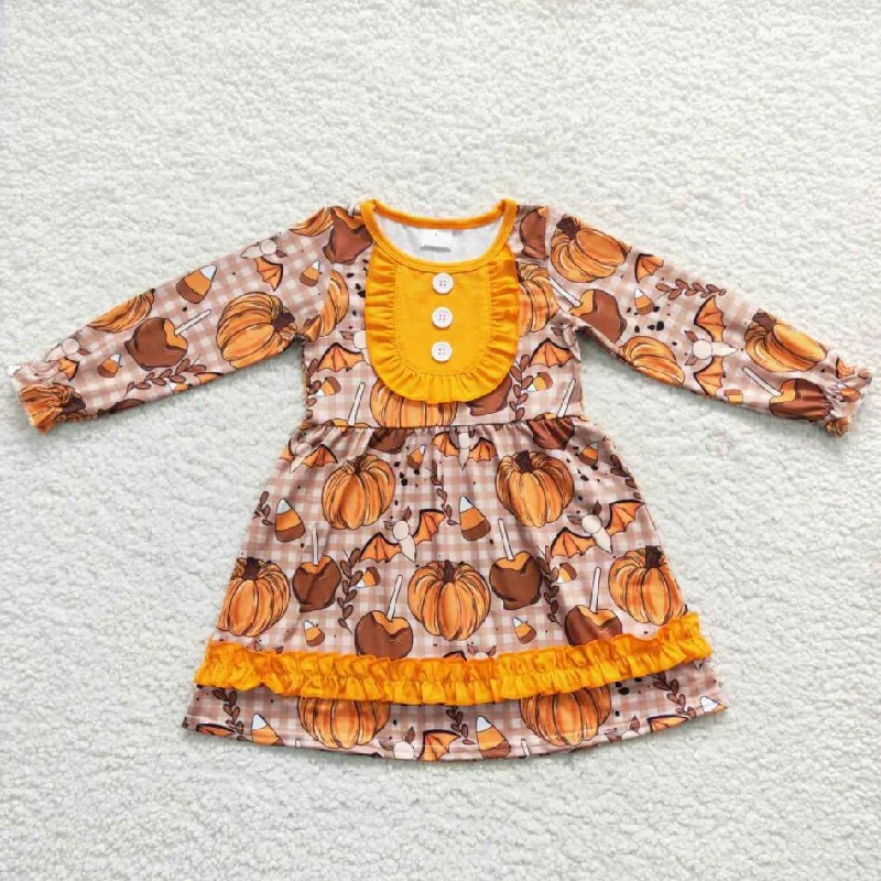 GLD0343 Baby Girls Orange Fall Pumpkin Long Sleeve Dress Boat Neckline Classic