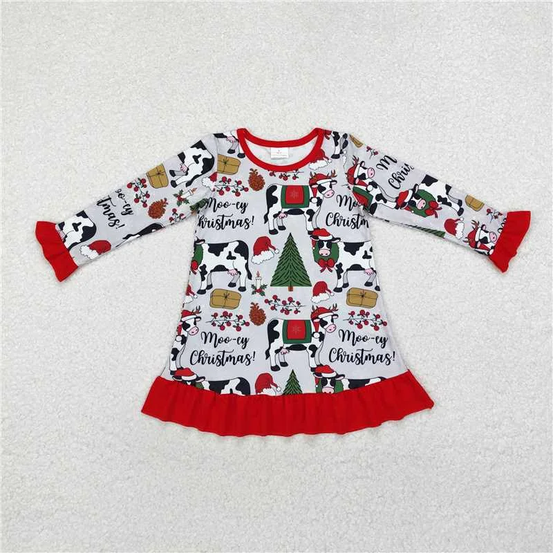 GLD0539 Baby Girls Christmas Cows Knee Length Gowns Dresses Tunics Trendy modern