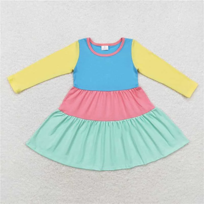 GLD0601 Baby Girls Long Sleeve Colorful Knee Length Dresses Tunics Solid Classic