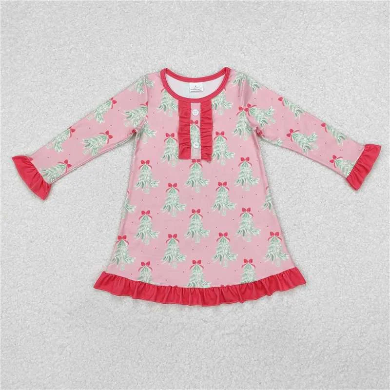 GLD0636 Baby Girls Christmas Tree Pink Long Sleeve Knee Length Dresses Elegant Long Evening