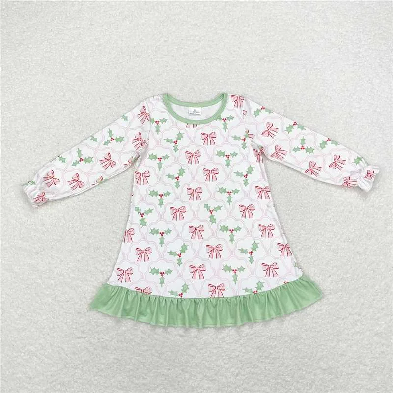 GLD0656 Baby Girls Christmas Bows Holly Knee Length Dresses Tunics Silk luxurious