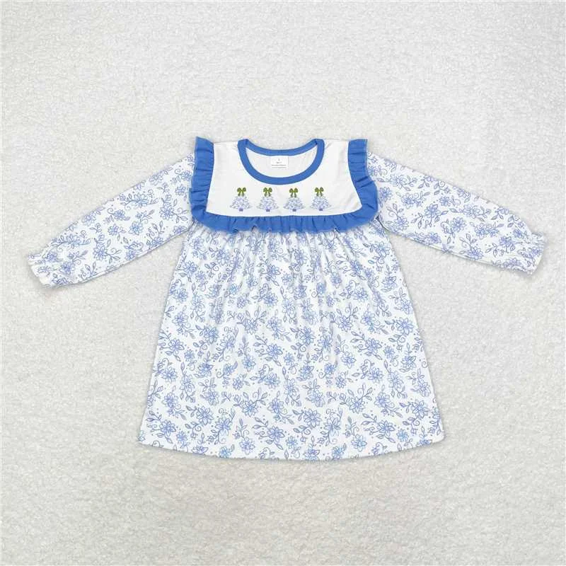 GLD0673 Baby Girls Blue Flowers Christmas Trees Knee Length Dresses Tunics Gym athletic