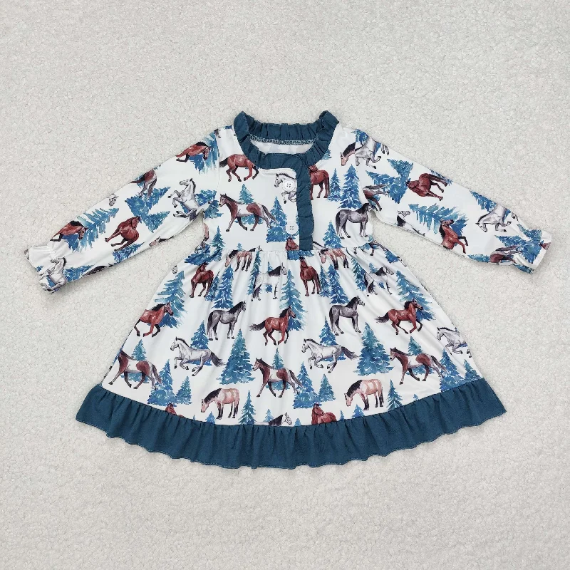 GLD0675 Baby Girls Christmas Western Horse Ruffle Knee Length Dress Tunics Print Colorful