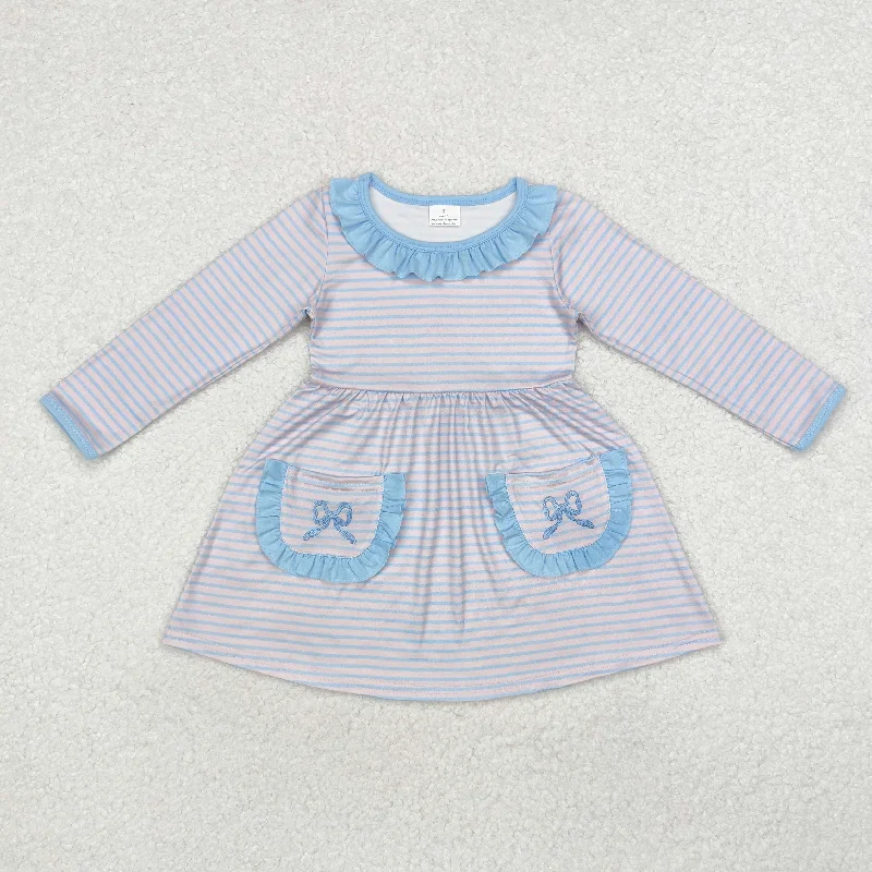 GLD0679 Baby Girls Pink Stripes Embroidery Bows Pockets Knee Length Dress Boat Neckline Classic