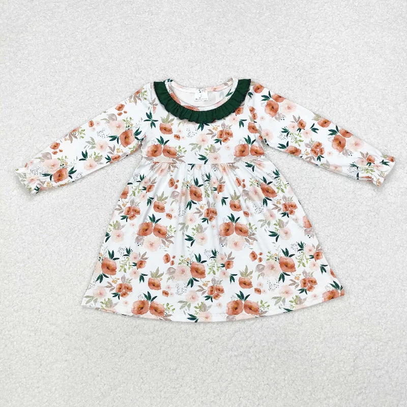 GLD0690 Baby Girls Green Orange Flowers Fall Knee Length Dress Tunics Mesh breathable