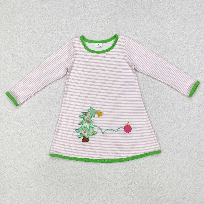 GLD0704 Baby Girls Christmas Pink Stripes Tree Knee Length Dress Tunics Chic elegant