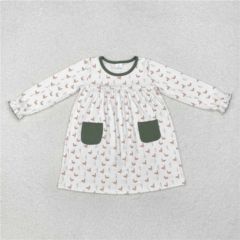 GLD0717 Baby Girls Fall Ducks Green Pockets Knee Length Dress Tunics Cozy comfortable