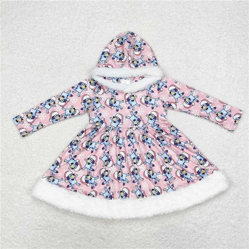 GLD0724 Baby Girls Christmas Dogs Hooded Knee Length Dresses Tunics Trousers formal