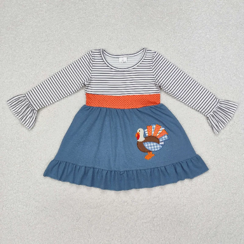 GLD0731 Baby Girls Thanksgiving Embroidery Turkey Knee Length Dress Tunics Distressed trendy