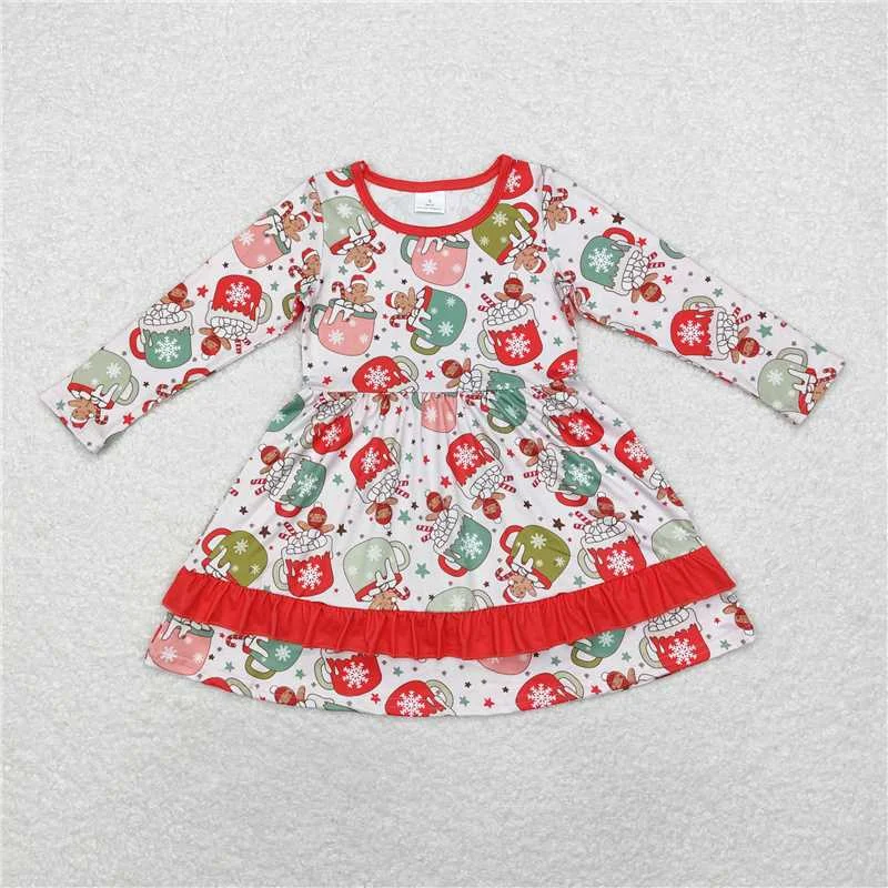 GLD0732 Baby Girls Christmas Cups Gingerbread Knee Length Dresses Tunics Fleece cozy