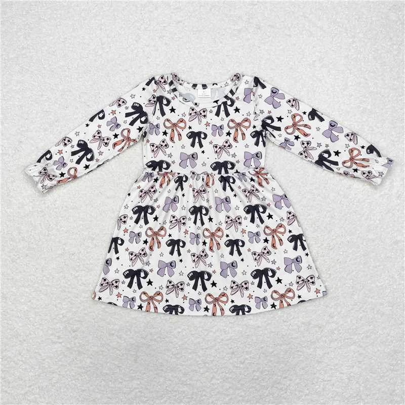 GLD0738 Baby Girls Halloween Orange Bows Long Sleeve Knee Length Dresses Tunics Running lightweight