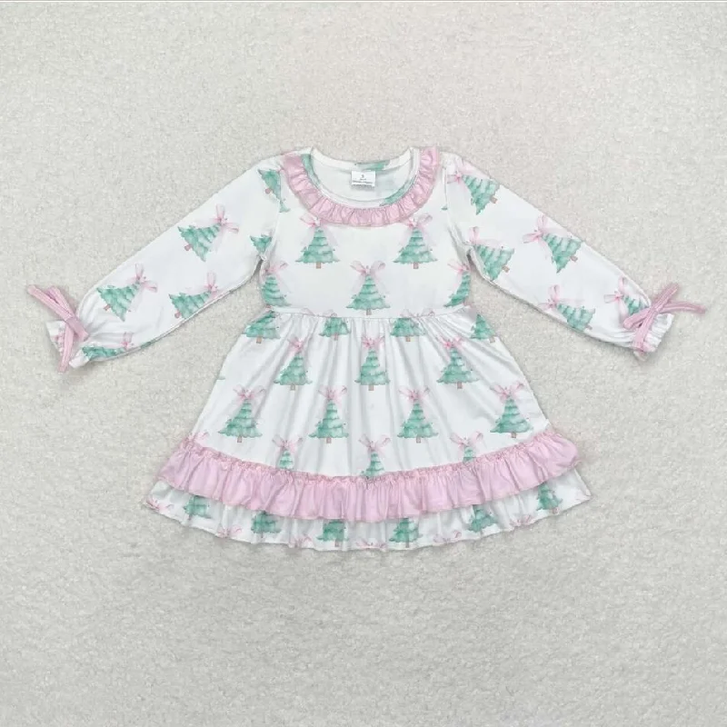 GLD0740 Baby Girls Christmas Tree Pink Bow Long Sleeve Dress Tunics Custom made