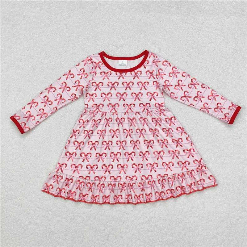 GLD0774 Baby Girls Pink Bows Candy Cane Ruffle Knee Length Dresses Tunics Trendy modern