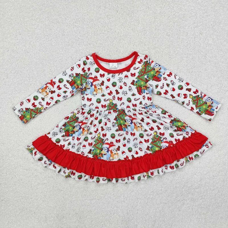 GLD0792 Baby Girls Christmas Dogs Tree Red Knee Length Dress Tunics Distressed trendy