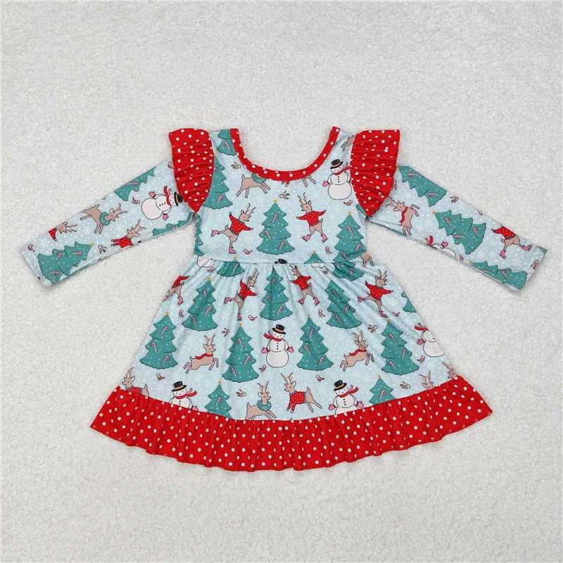 GLD0794 Baby Girls Christmas Tree Snowman Knee Length Dresses Floral Print girly