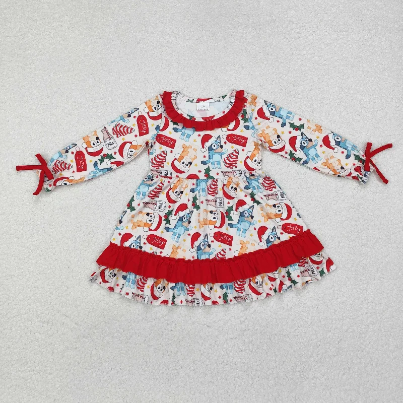 GLD0802 Baby Girls Dogs Christmas Tree Cake Ruffle Knee Length Dress Tunics Cozy soft