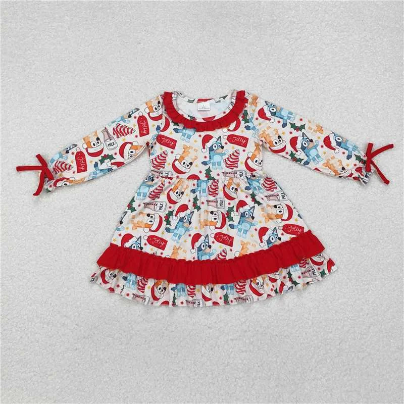 GLD0802 Baby Girls Dogs Christmas Tree Cake Ruffle Knee Length Dresses Off-the-shoulder Chic Trendy