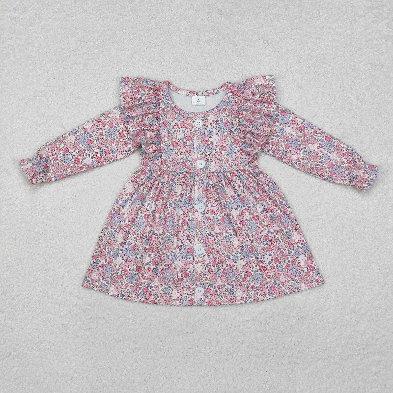 GLD0857 Baby Girls Spring Flowers Ruffle Knee Length Dress Tunics Summer linen