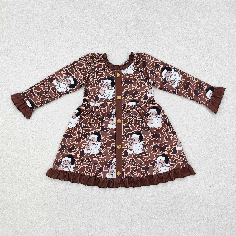 GLD0910 Baby Girls Camo Christmas Santa Buttons Knee Length Dress Crew Neckline Sporty