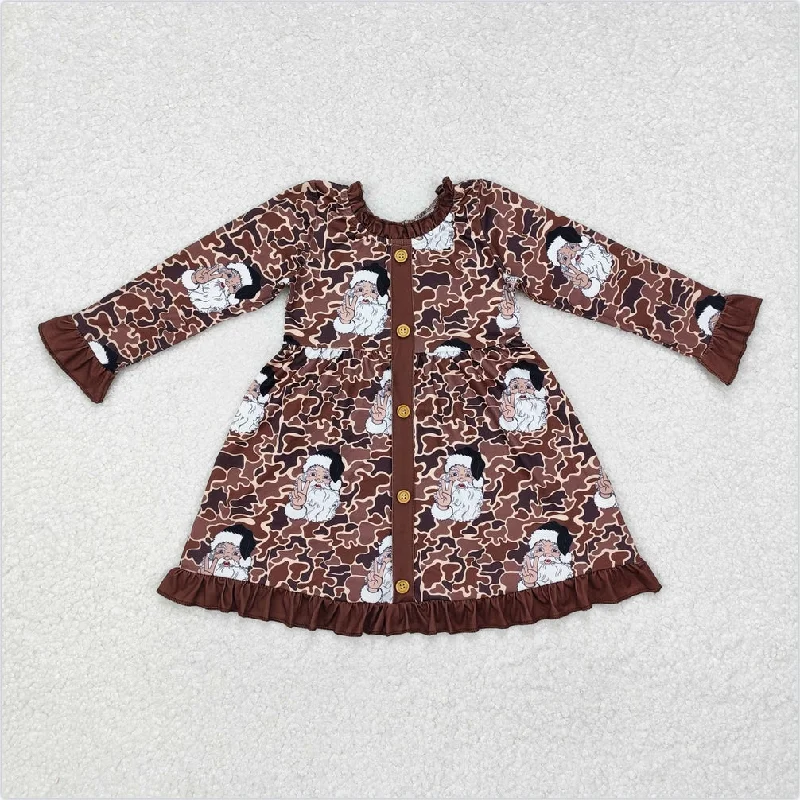 GLD0910 Baby Girls Camo Christmas Santa Buttons Knee Length Dresses Tunics New arrival