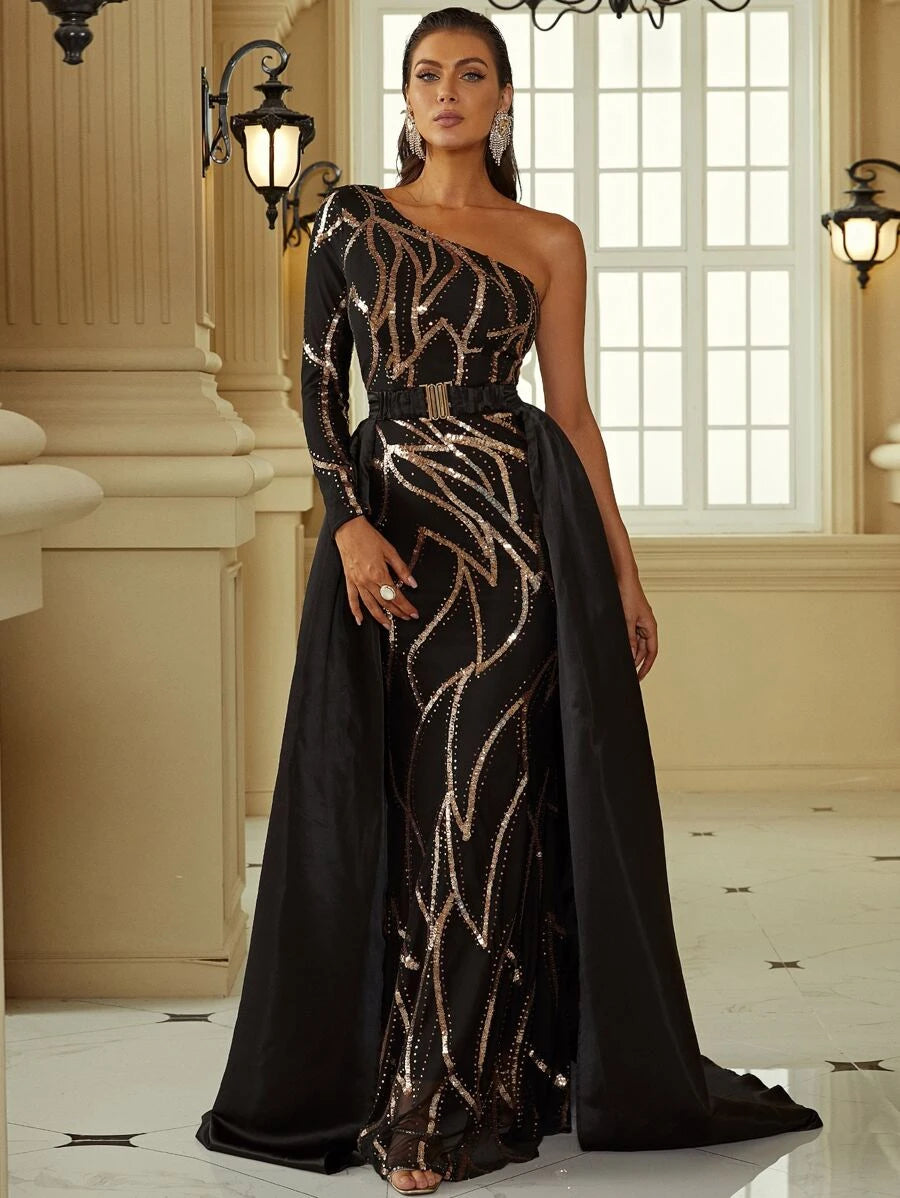 Gold Pattern Belted Black Sequin Party Dress Tunics Prom sequined