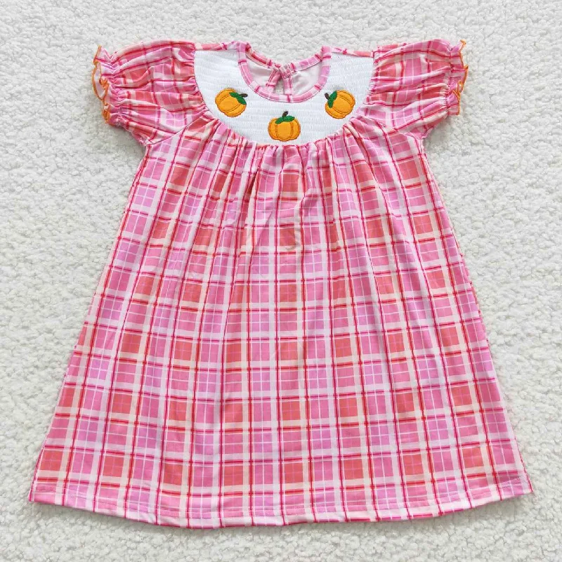 GSD0423 smocked pumpkin embroidery red plaid short-sleeved dress Tunics Polka dots