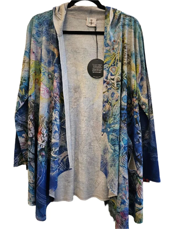 Women's Hooded Cardigan - Multicolored Blue Floral Print Mesh Cardigan Canvas Denim