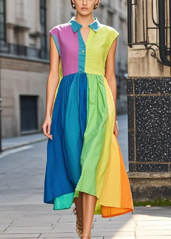 Italian Colorblock Peter Pan Collar Patchwork Exra Large Hem Cotton Long Dresses Summer Tunics Running lightweight