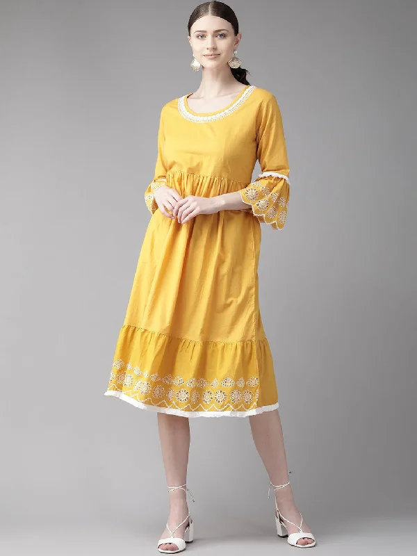 Jashvi Mustard Yellow Solid Embroidered Dress Tunics New arrival