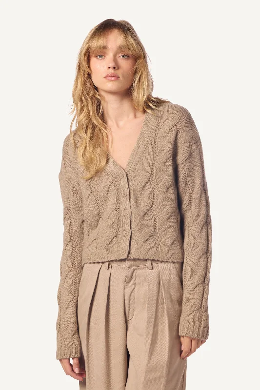 JOLIE V-NECK CROPPED CABLE CARDIGAN | ECO GRAVEL Slim Fit Regular Fit Oversized