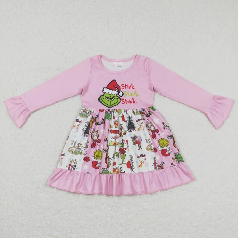 Kids Girls Christmas Green Face Pink Dress Tunics Versatile functional