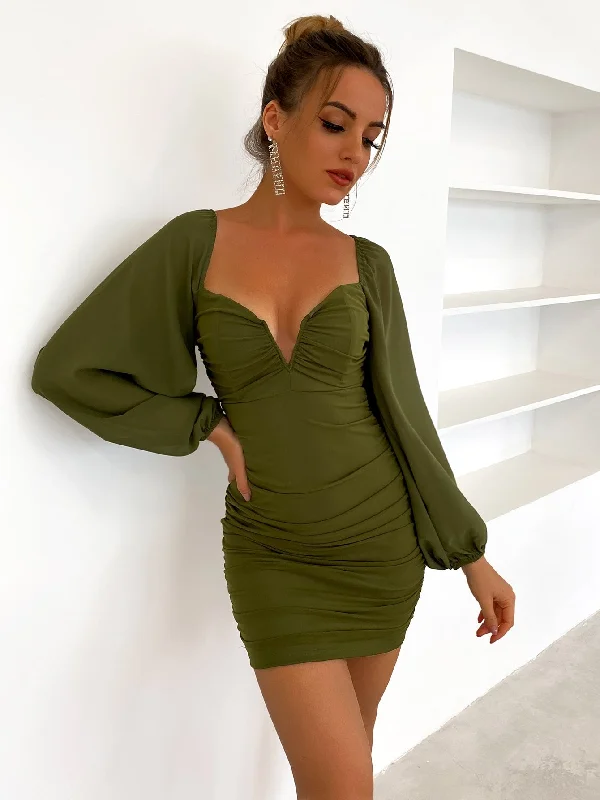 Lantern Sleeve Ruched Bodycon Dress Tunics Chinos classic