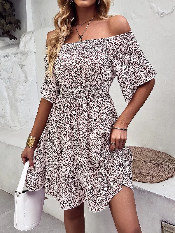 Leopard Print Off-Shoulder Frill Trim Mini Dress Tunics Short Trendy